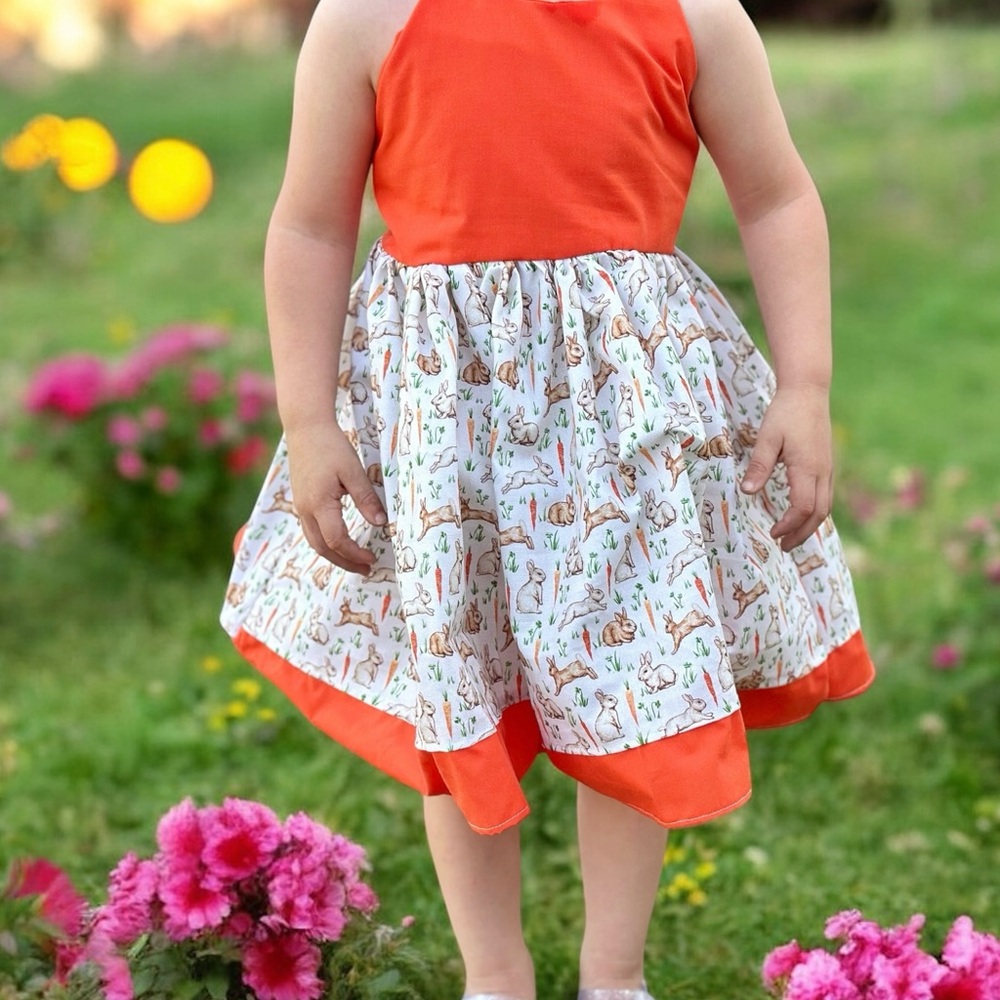 Orange and White Bunny & Carrots Print Dress